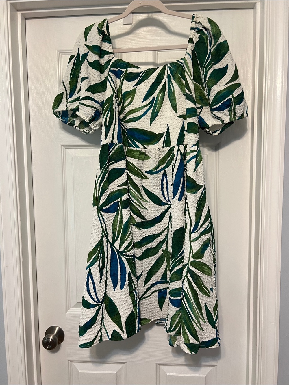 Time and Tru White Dress with Green & Blue Leaf Print
